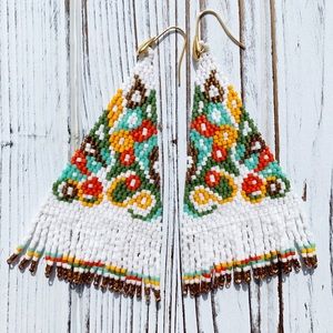 Handmade Retro Floral Triangle Fringe Earrings